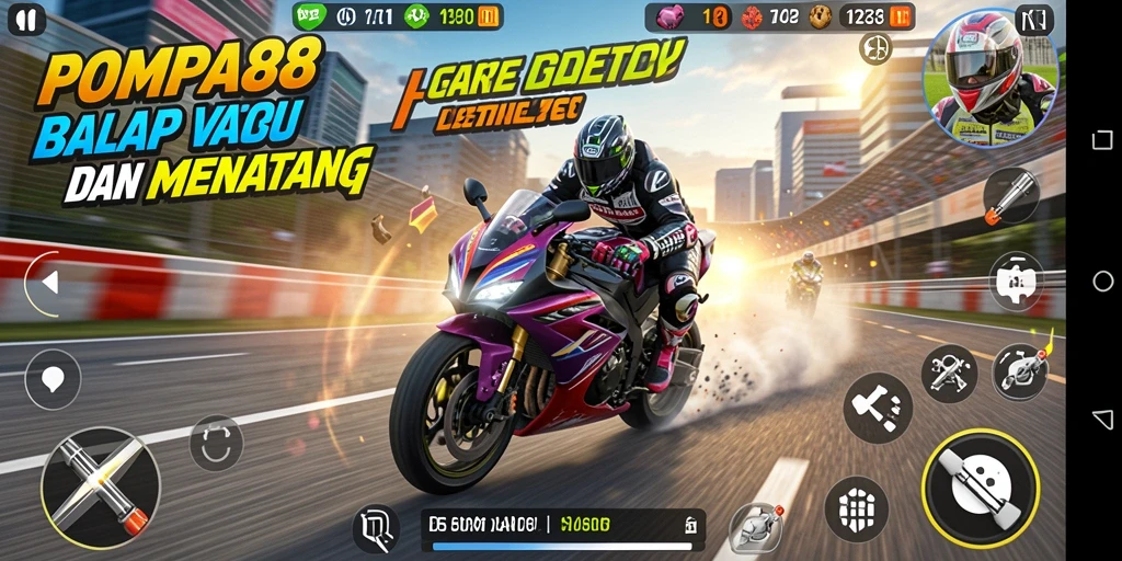 Tampilan gameplay intens dalam POMPA88 dengan aksi balap motor yang mendebarkan.